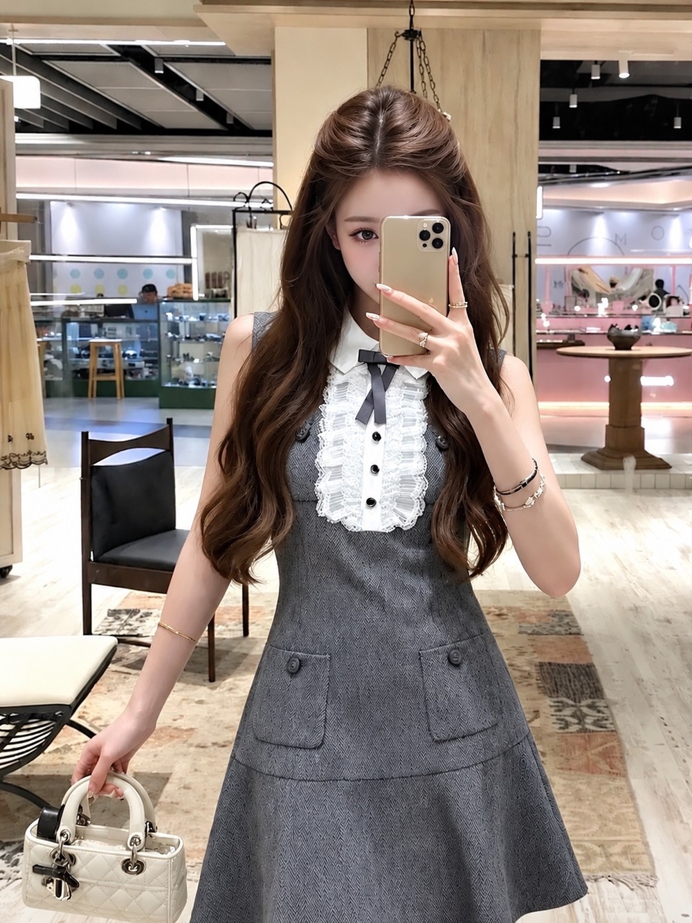 Self-portrait Sleeveless Grey A-Line Dress with Lace Bib